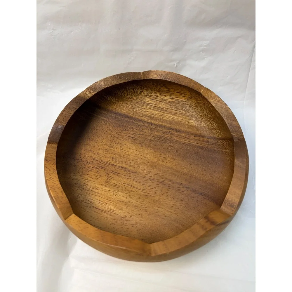 Vintage Acacia Wood Scalloped Flower Petal Serving Bowls Set of 4 Brown 6 Inch
